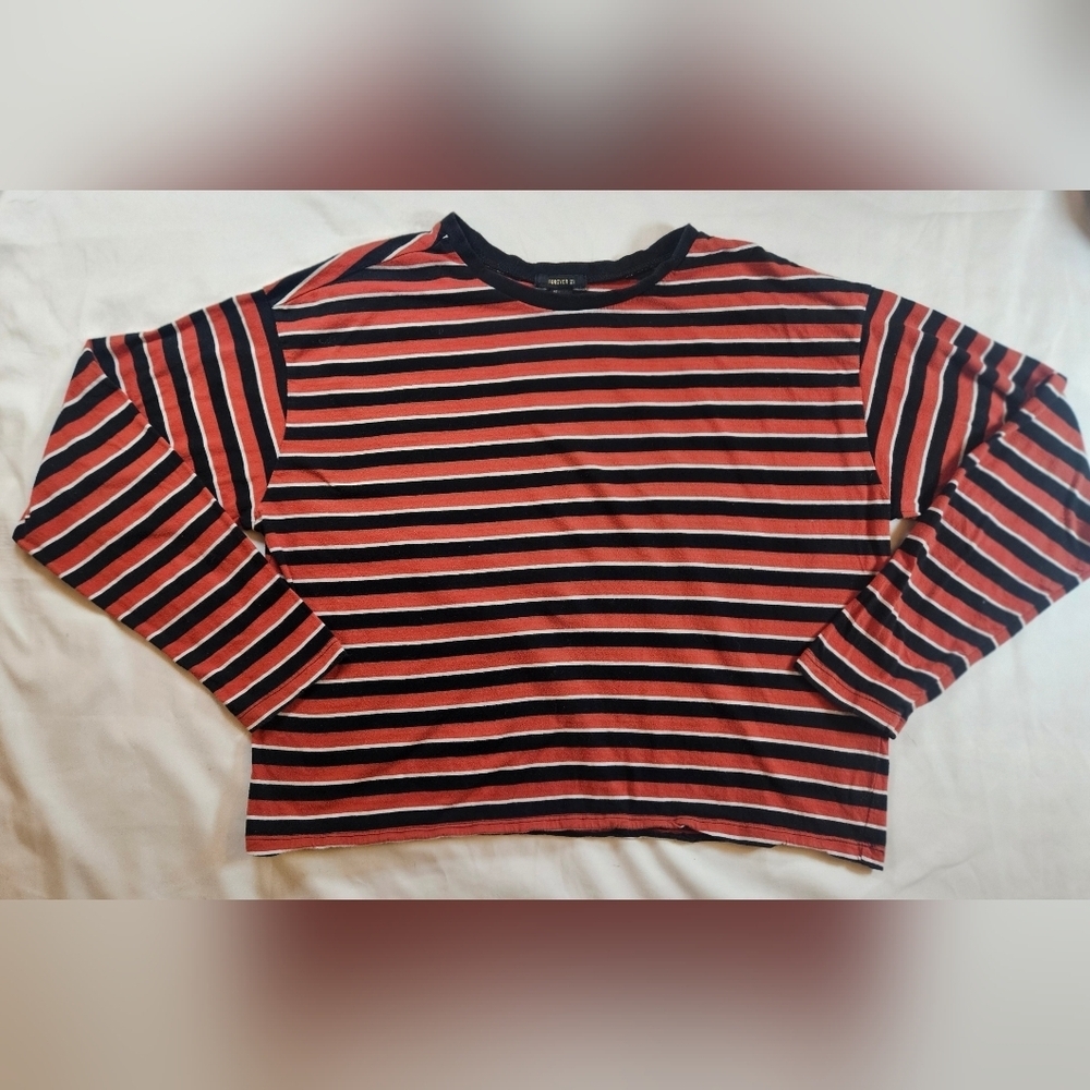 Forever 21 Womens Orange & Black Striped Crewneck Long Sleeve Crop Top Sz Large